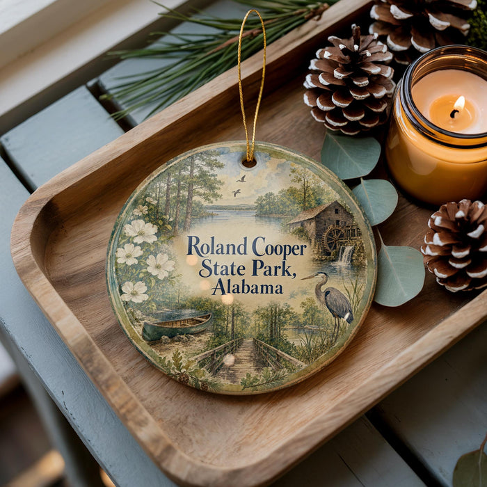 A wooden tray with a decorative ornament featuring a scenic image of Roland Cooper State Park, Alabama, along with pine cones and a lit candle.