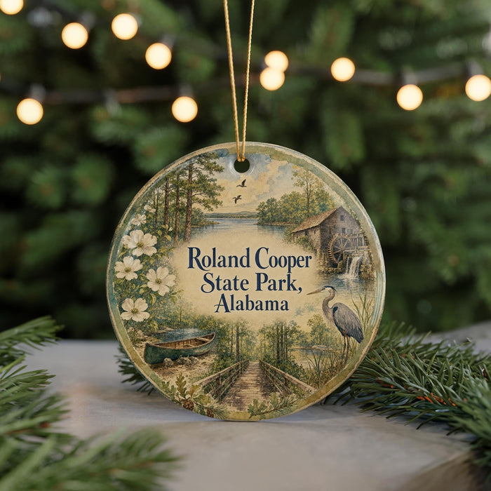 A round ornament with a scenic image of Roland Cooper State Park, Alabama, featuring a boat, a bird, and a waterfall.