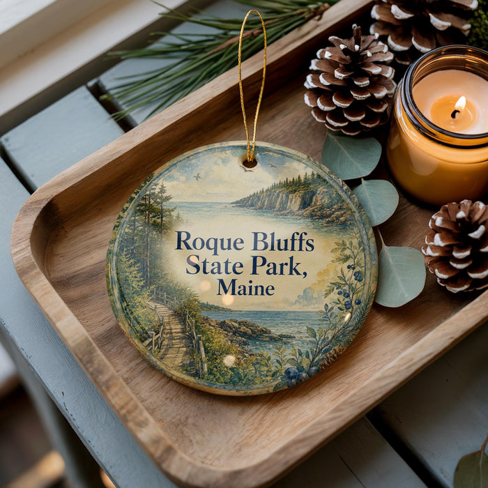 A wooden tray with a decorative ornament featuring a scenic landscape of Rogue Bluffs State Park, Maine, and pine cones.