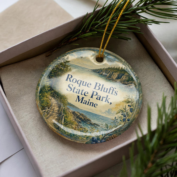 A decorative ornament in a box, featuring a scenic landscape with a path leading to a body of water.