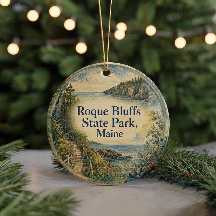 A round ornament with a scenic image of a coastal landscape, featuring a path leading to a cliff overlooking the water, is displayed in front of a blurred background with Christmas lights.