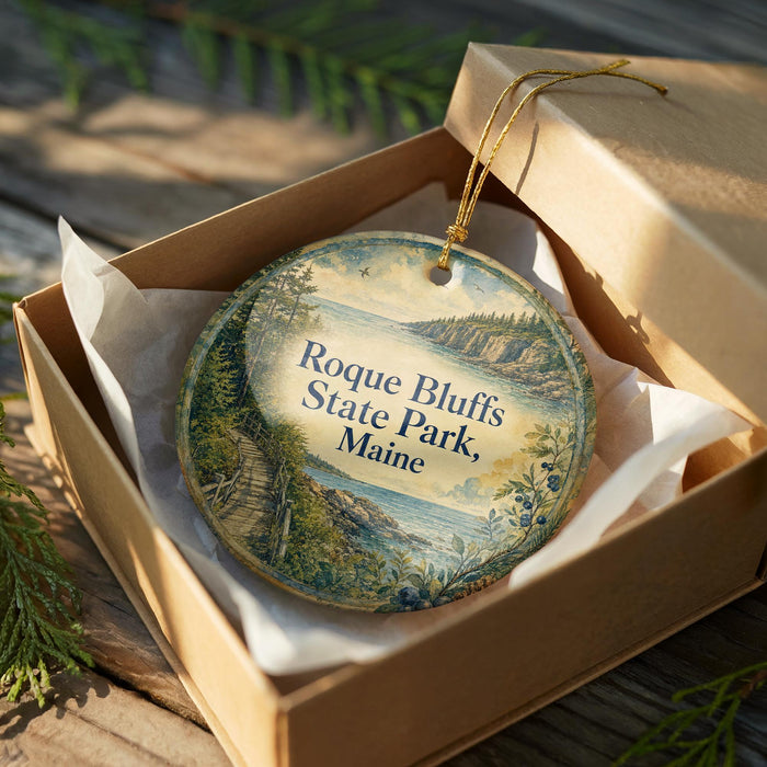 An oval-shaped ornament with a scenic landscape of a coastal area, displayed in a cardboard box with a gold string.