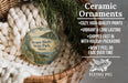 a ceramic ornament hanging from a wicker basket, with a description of the ornament and its features.