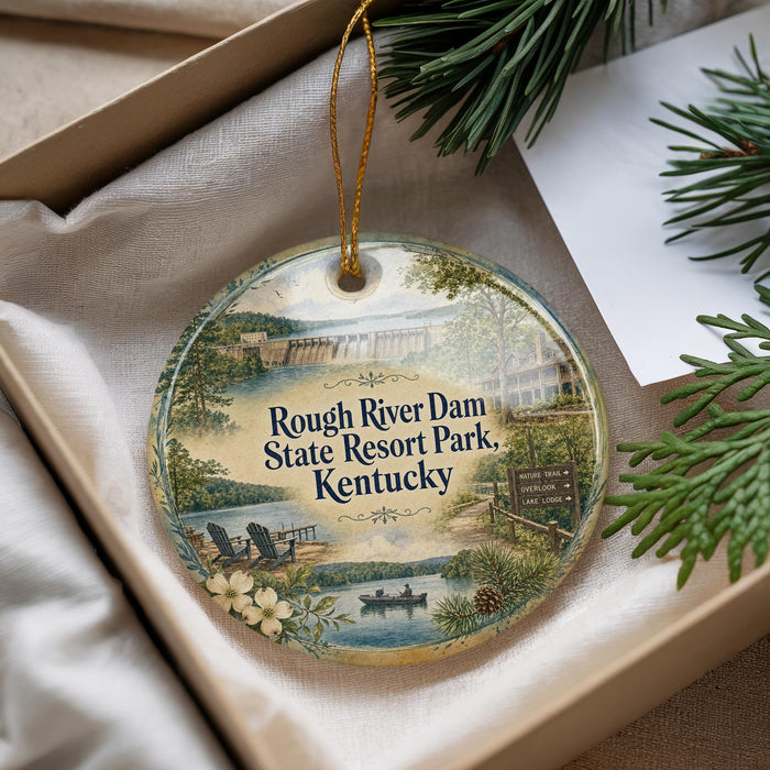 A decorative ornament with a scenic image of the Rough River Dam State Resort Park in Kentucky, featuring a lake, boats, and a sign.