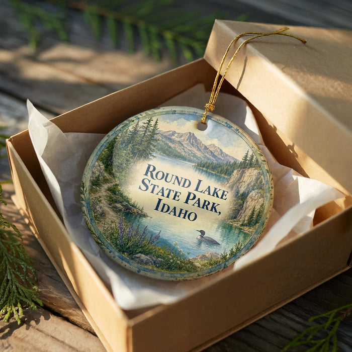 A round ornament in a box, featuring a scenic landscape with mountains, a lake, and a bird, is displayed on a wooden surface.