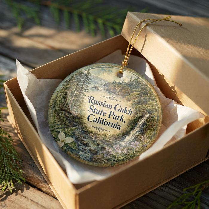 A decorative ornament in a wooden box, featuring a scenic landscape with a waterfall and pine trees.