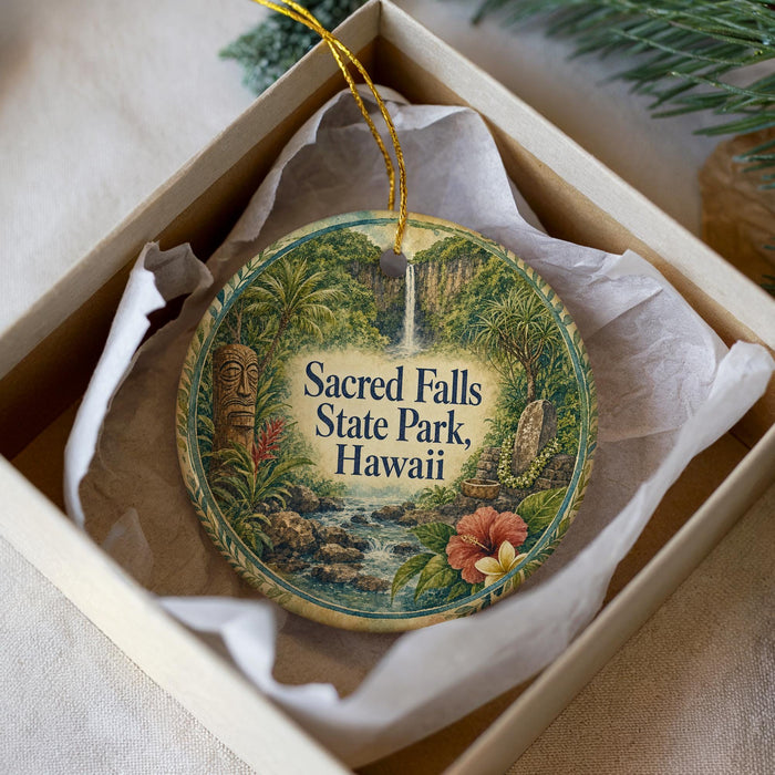 A decorative ornament in a box, featuring an illustration of Sacred Falls State Park in Hawaii.