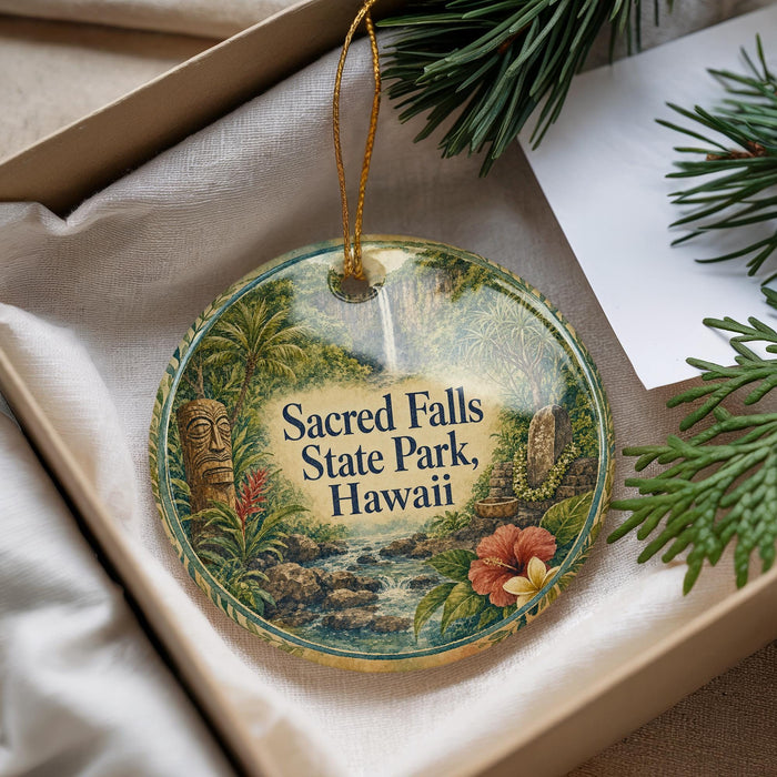 A decorative ornament with a tropical landscape design, featuring a waterfall, palm trees, and a tiki statue, is displayed in a box with pine branches.