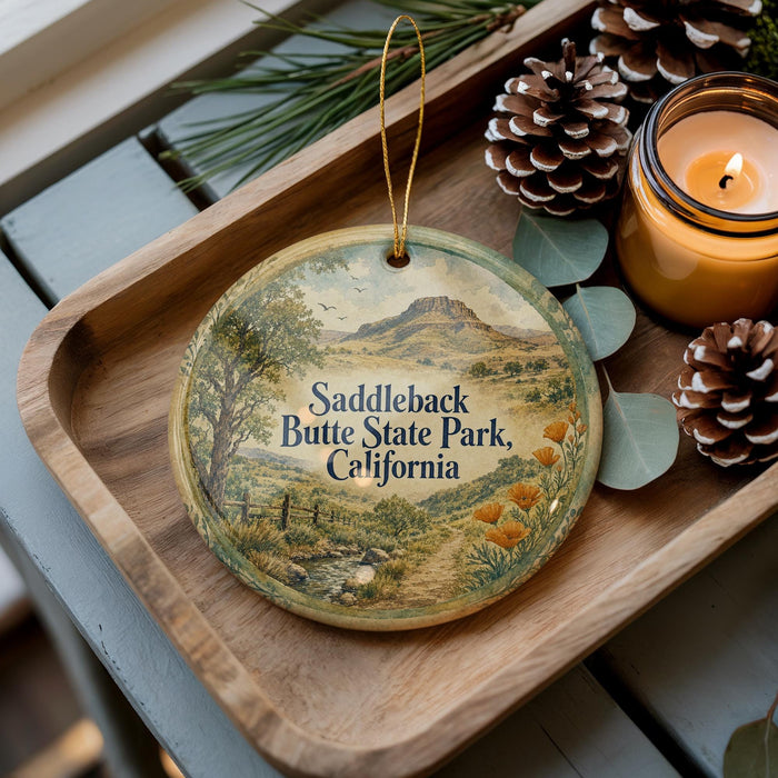 A wooden tray with a decorative ornament featuring a scenic landscape of Saddleback Butte State Park, California, and pine cones.