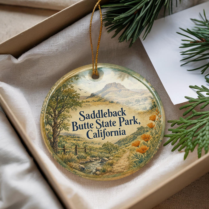 A decorative ornament with a scenic landscape of Saddleback State Park, California, featuring a mountain, trees, and a stream.