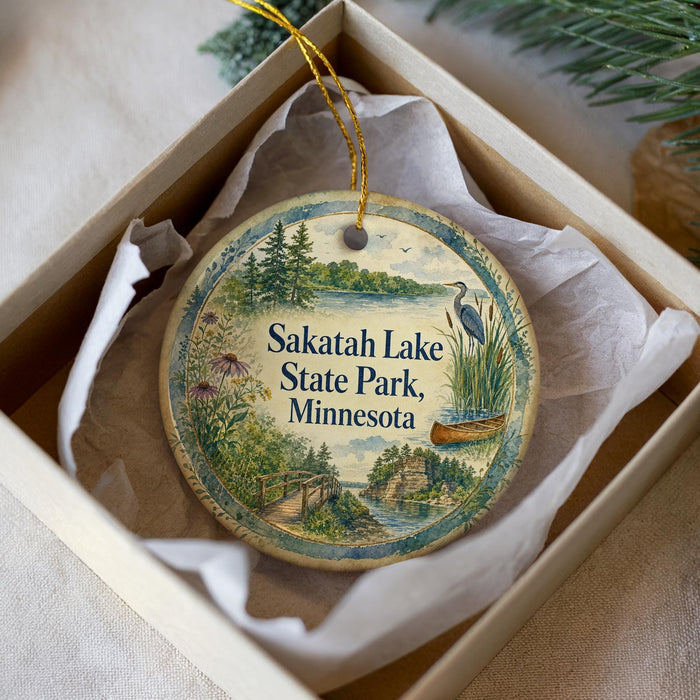 A decorative ornament in a white box, featuring a scenic landscape with a lake, trees, and a bird, along with the text "Sakatah Lake State Park, Minnesota".