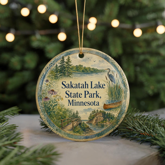 A circular ornament with a scenic landscape of Sakatah Lake State Park, Minnesota, featuring a bird, trees, and a canoe.