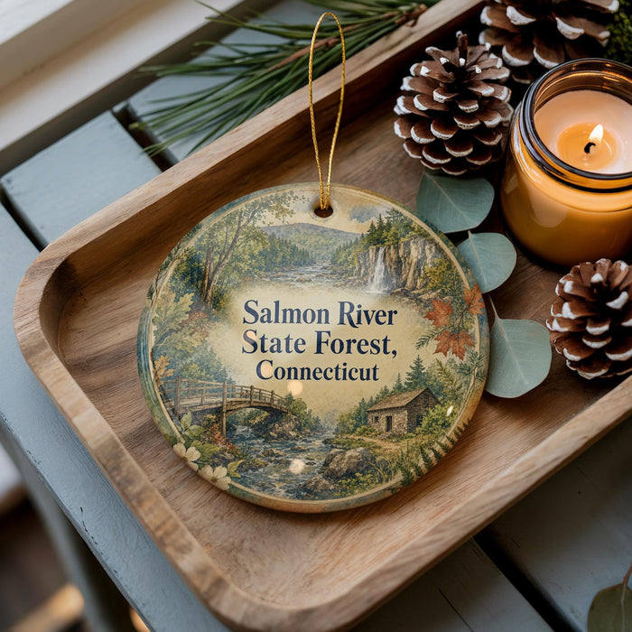 A wooden tray with a decorative ornament featuring a scenic landscape of the Salmon River State Forest in Connecticut, accompanied by pine cones and a lit candle.