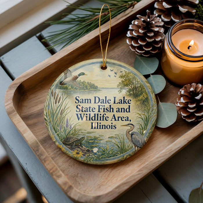 A decorative ornament with a lake scene and wildlife, including ducks and a heron, is displayed on a wooden tray alongside pine cones and a lit candle.