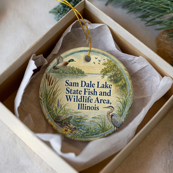A decorative ornament in a box, featuring a serene scene of ducks and a bird in a natural setting, with text that reads "Sam Dale Lake State Fish and Wildlife Area, Illinois".