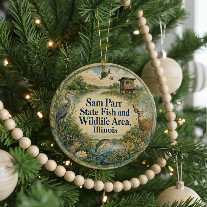 A round ornament hanging on a Christmas tree, featuring an illustration of a bird, a deer, and a birdhouse, with text that reads "Sam Parr State Fish and Wildlife Area, Illinois".