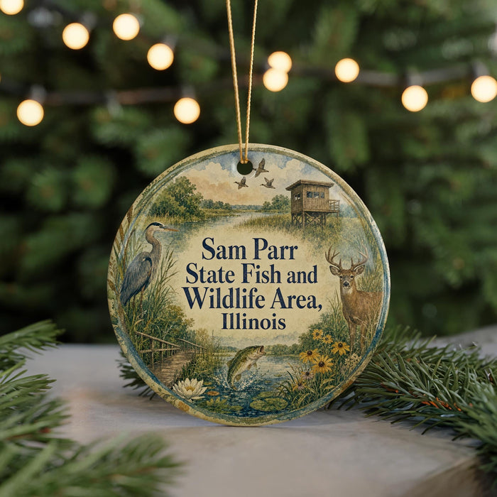 A round ornament with a nature scene and text, hanging on a string.