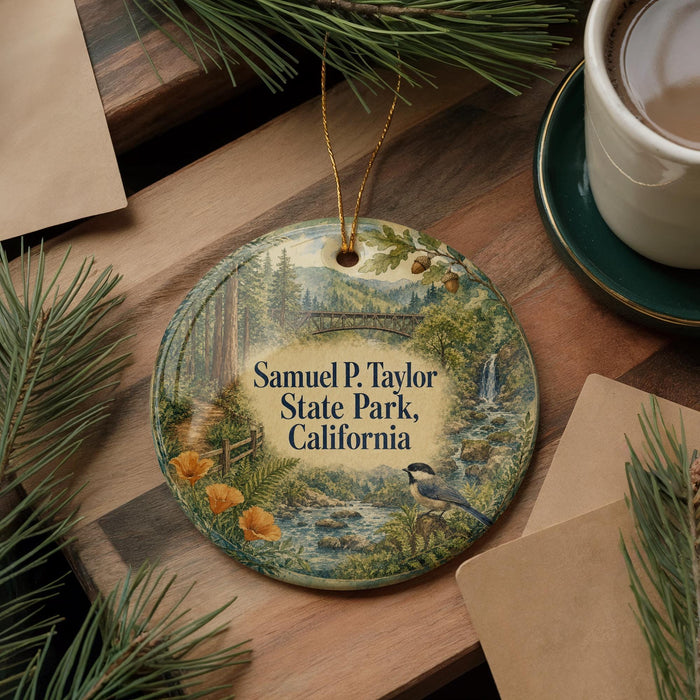 A decorative ornament featuring a scenic landscape of Samuel P. Taylor State Park, California, with a bird perched on a branch. The ornament is placed on a wooden surface, surrounded by pine branches and a cup of coffee.