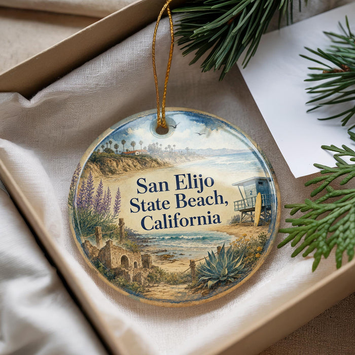A decorative ornament with a beach scene and palm trees, featuring the text "San Elijo State Beach, California" on it.