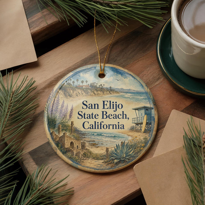 A decorative ornament with a beach scene and palm trees, featuring the text "San Eljo State Beach, California".
