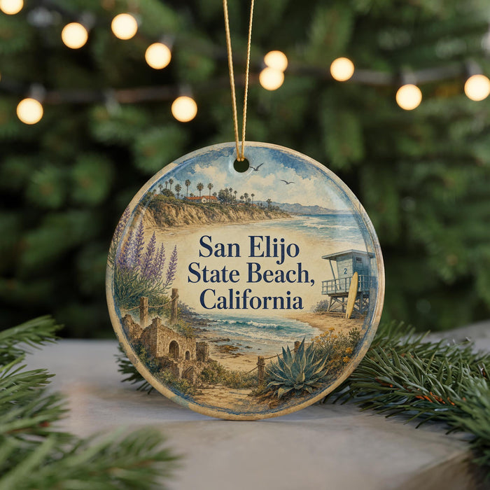 A round ornament with a beach scene and palm trees, featuring the text "San Elijo State Beach, California".
