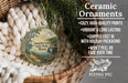 Ceramic ornaments, specifically a ceramic ornament with a scenic view of Sanghir Lake State Park, Illinois. The ornament is hanging from a wicker basket, and there is a text overlay providing information about the ornament.