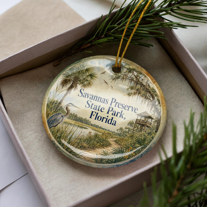 A decorative ornament in a box, featuring a scenic image of Savannas Preserve State Park, Florida.
