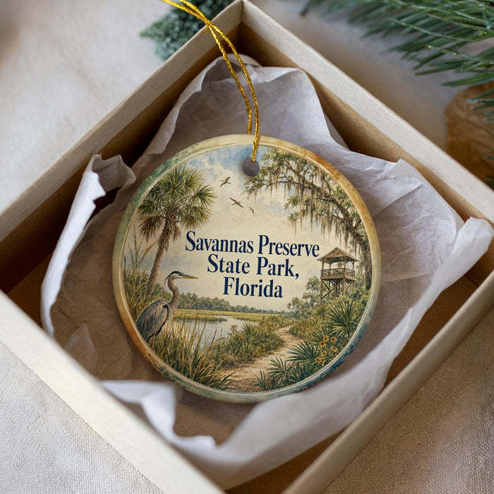 A decorative ornament in a white box, featuring a serene landscape with a bird, palm trees, and a path leading to a gazebo.