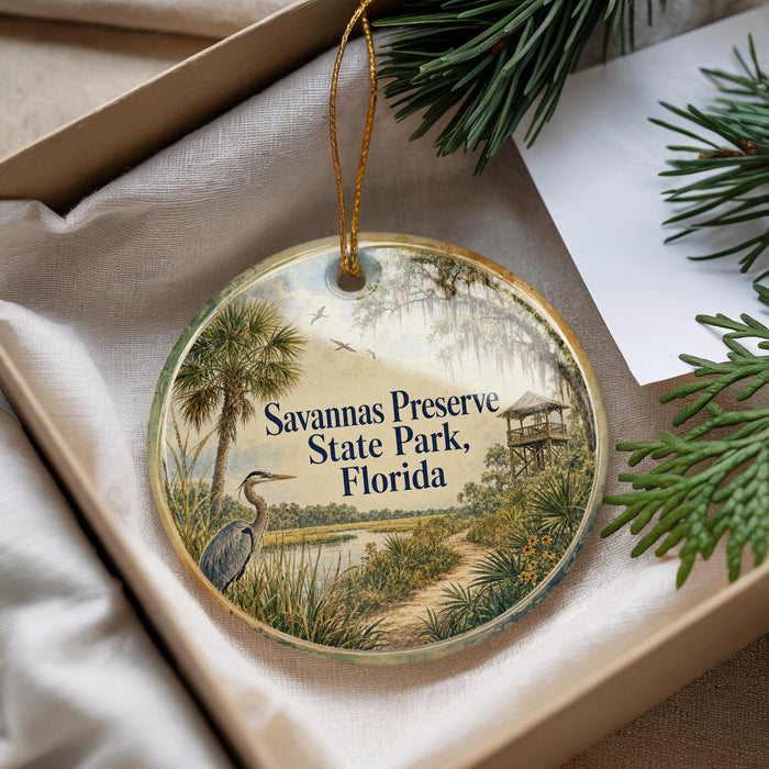 A decorative ornament with a bird and palm trees, placed in a box with pine branches.