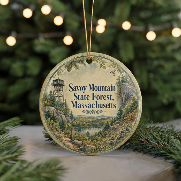 A round ornament with a scenic mountain landscape and a tower, hanging on a string.