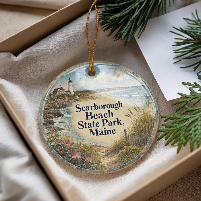 A decorative ornament with a lighthouse and beach scene, placed in a box with pine branches.