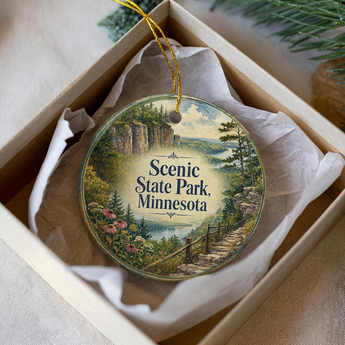 A circular ornament with a scenic landscape of a mountain and a river, featuring the text "Scenic State Park, Minnesota" on it.
