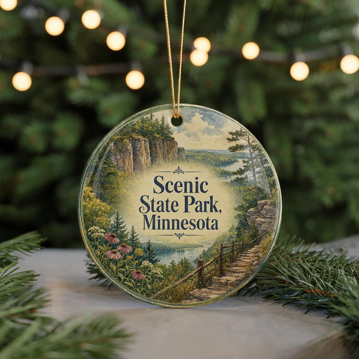 A decorative ornament featuring a scenic landscape of Scenic State Park in Minnesota, with a path leading through the forest and a lake in the background.