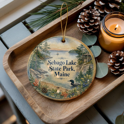 A decorative ornament featuring a seagull and pine trees, with the text "Sebago Lake State Park, Maine" displayed on it, is placed on a wooden tray alongside pine cones and a lit candle.