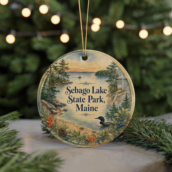 A round ornament with a scenic image of Sebago Lake State Park, Maine, featuring a bird, pine trees, and a sunset over the lake.