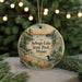 A round ornament with a scenic image of Sebago Lake State Park, Maine, featuring a bird, pine trees, and a sunset over the lake.