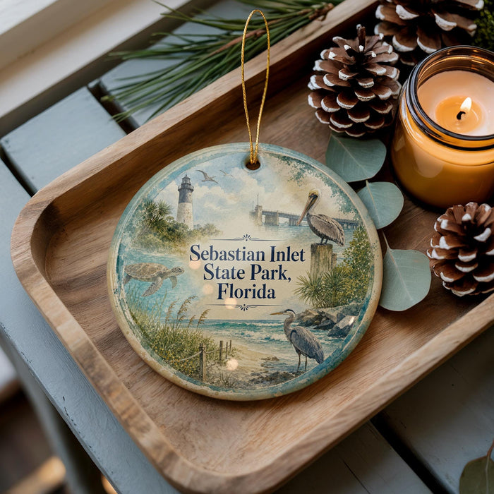 A decorative ornament featuring a lighthouse and seagulls, with the text " Sebastian Inlet State Park, Florida" displayed on it, is placed on a wooden tray alongside pine cones and a lit candle.