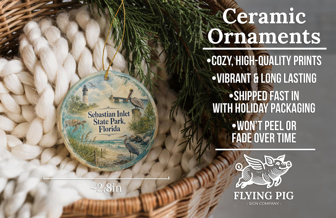Ceramic ornaments, featuring a detailed illustration of a seagull and a lighthouse, are displayed in a woven basket.