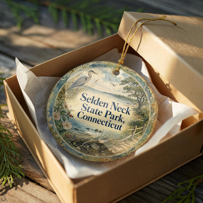 A decorative ornament in a wooden box, featuring a scenic landscape with a bird and trees, with the text "Selden Neck State Park, Connecticut" printed on it.