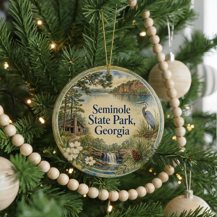 A round ornament hanging on a Christmas tree, featuring a scenic image of a lake, trees, and a bird.