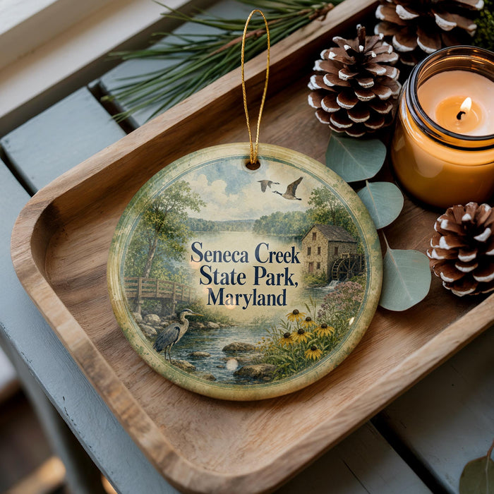 A decorative ornament featuring a scenic image of Seneca Creek State Park, Maryland, with a bird and a house in the background. The ornament is placed on a wooden tray, surrounded by pine cones and a lit candle.