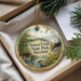 A decorative ornament with a scenic image of Seneca Creek State Park, Maryland, hanging from a string.