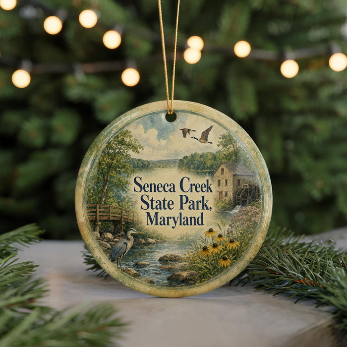 A round ornament with a scenic image of Seneca Creek State Park, Maryland, featuring a bird, a bridge, and a river.