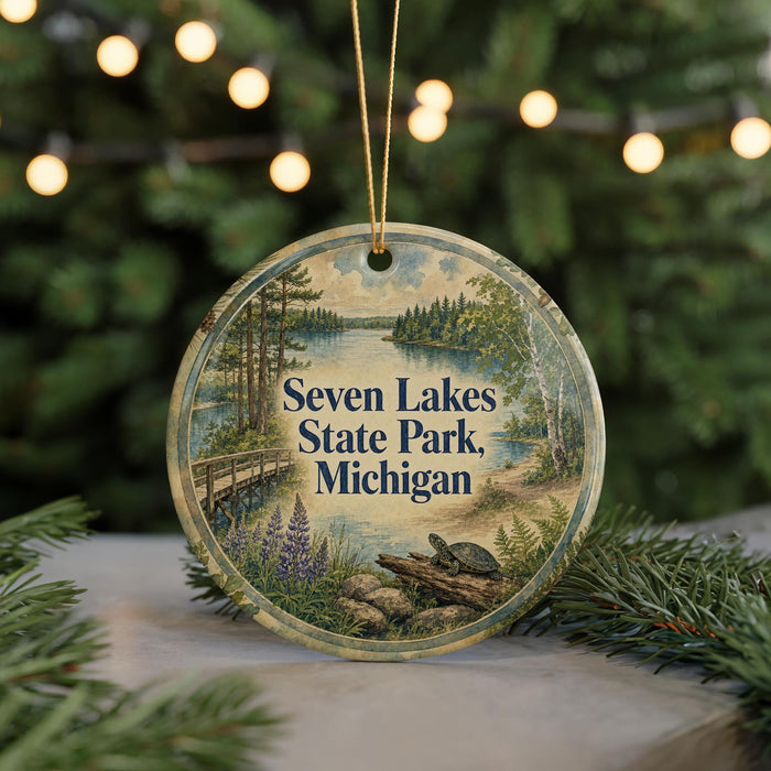 A circular ornament featuring a scenic landscape of Seven Lakes State Park, Michigan, with a bridge and pine trees in the background.