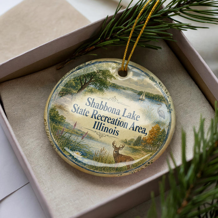 A decorative ornament in a box, featuring a scenic landscape with a lake, trees, and wildlife, including a deer.