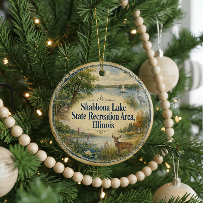 A circular ornament hanging on a Christmas tree, featuring a scenic landscape with a lake, trees, and wildlife.