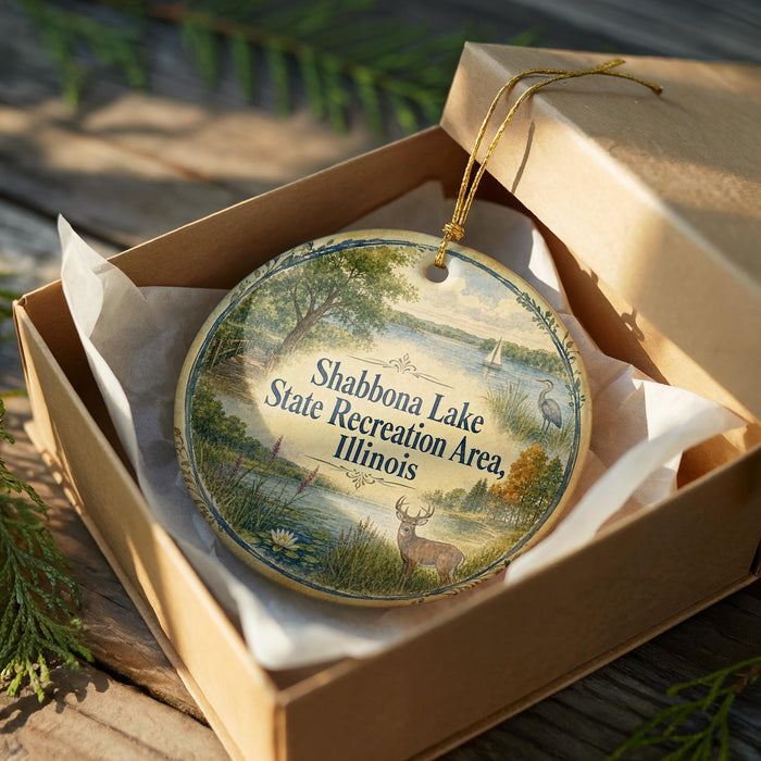 A decorative ornament in a wooden box, featuring a scenic landscape with a lake, trees, and wildlife.
