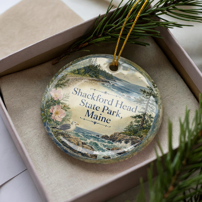 A decorative ornament in a box, featuring a scenic landscape with a body of water, trees, and a bird.
