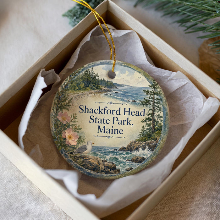 A decorative ornament in a box, featuring a scenic landscape with a beach, mountains, and a seagull.