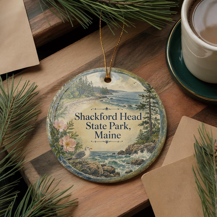A round ornament with a scenic landscape of Shackford Head State Park, Maine, featuring pine trees, a beach, and a bird, is displayed on a wooden surface alongside a cup of coffee and some papers.